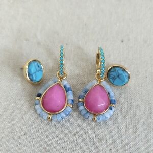 Stella & Dot Gold Earrings with Pink Teardrops & Turquoise Accents